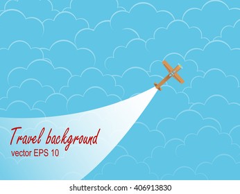 Plane silhouette against the sky with clouds.  Travel concept .Vector image.