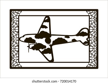 Plane silhouette with inside ornament with clouds and balloon. Template for greeting cards and travel advertising cards. Spirit of adventure.