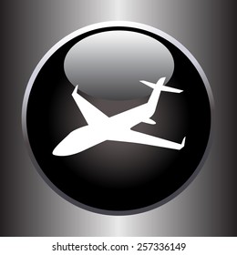 Plane silhouette on black button. Vector illustration 