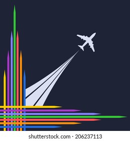 Plane silhouette on a blue background and bright corner frame. Vector illustration