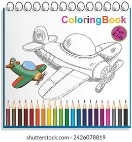 plane silhouette on white background, vector illustration
Coloring book page for preschool children with colorful
toys and sketches to color. Worksheet for puppils. Preschool for kids.