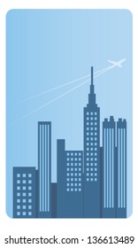plane silhouette over the city early in the morning