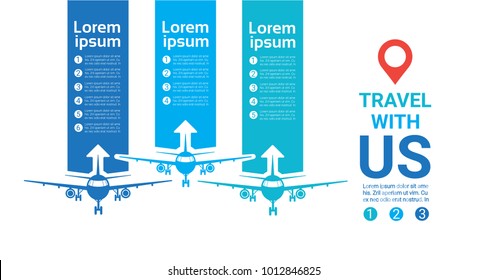 Plane Silhouette Over Template Blue Background Travel Banner With Copy Space Flat Vector Illustration