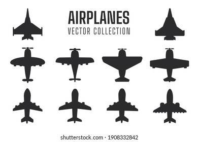 Plane silhouette set Simple fighter plane airliner silhouette vector design isolated from background