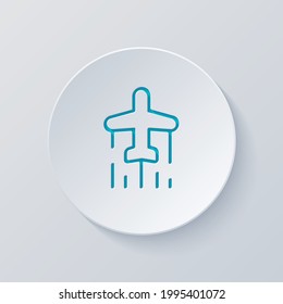 Plane silhouette, simple business icon. Cut circle with gray and blue layers. Paper style