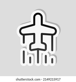 Plane silhouette, simple business icon. Linear sticker, white border and simple shadow on gray background