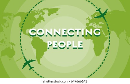 Plane silhouette in the sky over world map travel flat design background