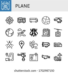 plane simple icons set. Contains such icons as Insurance, Earth, Bus, Helicopter, Plane, Fly, Medical appointment, Cable car, Airport, Airplane, can be used for web, mobile and logo