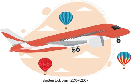 Plane in the sky with balloon in flat style illustration