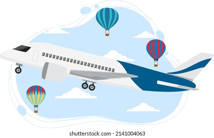 Plano en el cielo con globo en ilustración de estilo plano