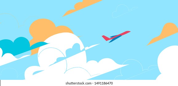 A plane in the sky with clouds.  Flat style vector illustration