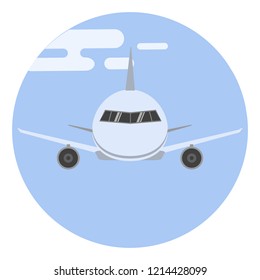 Plane in the sky, flat icon. Vector illustration on the theme of transport. Picture for printing in magazines, banners, advertising of tourist services.