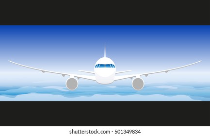 Plane in the sky. Front view. Vector illustration