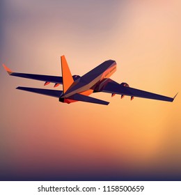The plane in the sky. Low poly. Gradient sky in shades of lavender