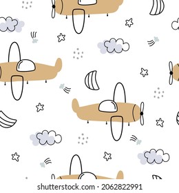 Plane With Sky Seamless Pattern Cartoon Style Cute Background For Kids