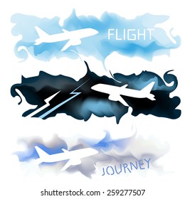 Plane in the sky. Set. Journey. Flight. Sky, clouds, storm.