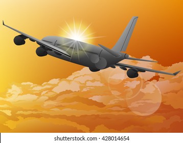 plane in sky and sunrise vector