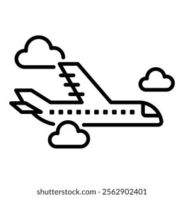 A plane in the sky, symbolizing air travel, aviation, and global connectivity round line vector icon with editable stroke