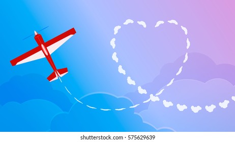 plane in the sky and a vapor trail in the shape of a heart. Vector