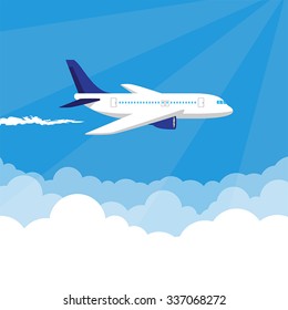 Plane in the Sky vector illustration with place for text on the clouds