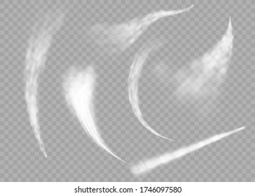 Plane smoke rocket stream effect airplane jet cloud flight speed burst. Aircraft smoke isolated on transparent background. Realistic airplane condensation trails. Vector illustration, eps 10.