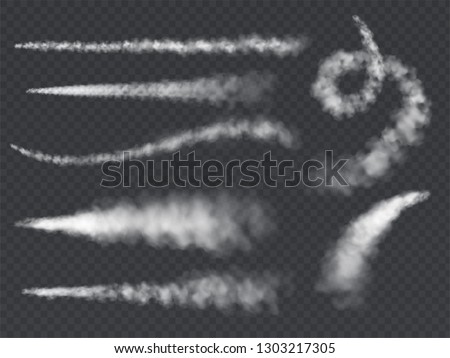 Plane smoke trail. Jet trails white airplane smoke takeoff cloud vapour sky contrail rocket condensation trailing isolated vector set