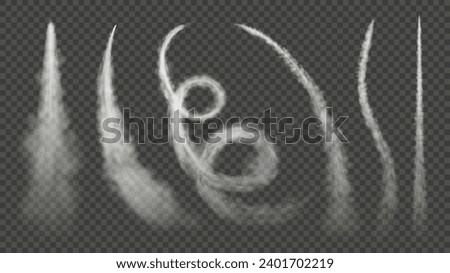 Plane smoke trails. Airplane fly effect, rocket engine tracks and vapor swirl in air isolated vector illustration set of plane rocket jet effect, speed smoke contrail