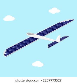 Plane with solar battery panels on wings, concept of sustainable alternative electricity sources