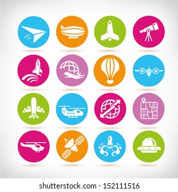 plane and space icons, round button set