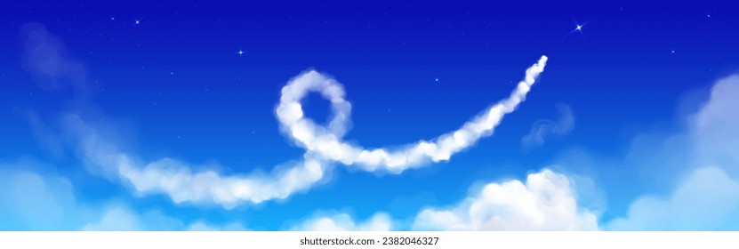 Plane speed trail smoke in night starry sky vector background. White jet contrail 3d effect. Realistic airplane flight fog vapour texture. Swirl stream shape from spaceship aviation illustration