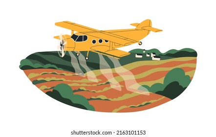 Plane spraying chemical fertilizer, pesticide in agriculture farm. Airplane flying over field and dusting crops with herbicide, insecticide. Flat vector illustration isolated on white background svg