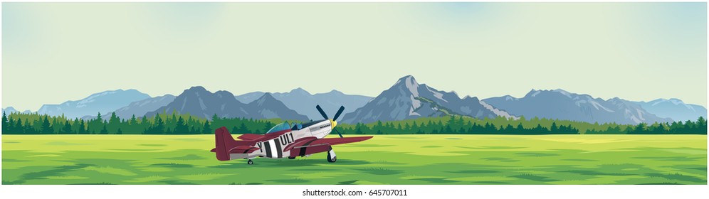 the plane standing on a glade against the background of mountains