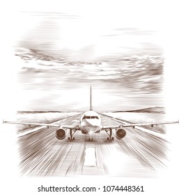 the plane stands on the runway, sketch vector graphics monochrome drawing