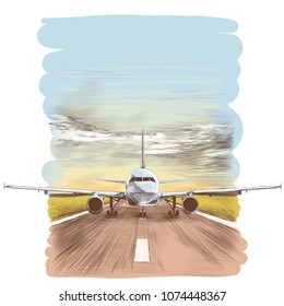 The Plane Stands On The Runway, Sketch Vector Graphics Colored Drawing