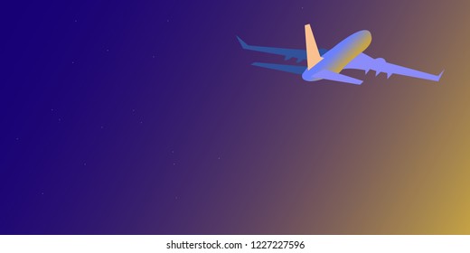 The plane in the starry sky at sunset. Background with copy space. Vector illustration.