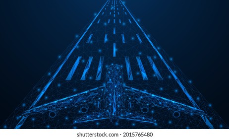 The plane is at the start of the runway. Polygonal construction of lines and points. Blue background.