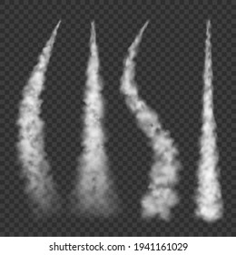 Plane steam. Rocket track smoke condensation clouds spraying air shapes fly aircraft swirl vapour decent vector realistic templates