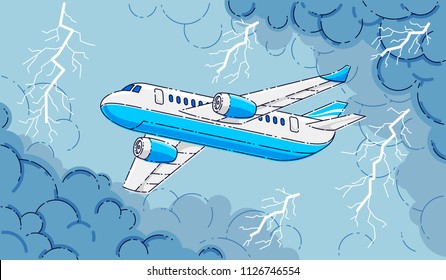 Plane in the storm, airliner flying through dark stormy clouds and lightning of thunderstorm, beautiful thin line 3d vector illustration.
