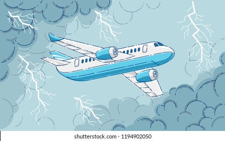 Plane in the storm, airliner flying through dark stormy clouds and lightning of thunderstorm, beautiful thin line 3d vector illustration.