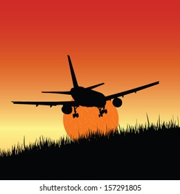 plane and sunset art vector illustration