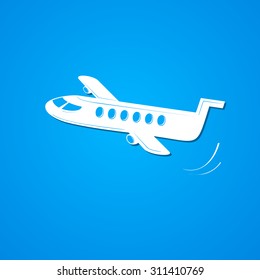 Plane symbol, airplane logo, simple vector illustration on sky background