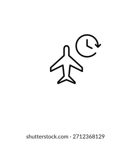 Símbolo de avión y reloj. Recordatorio de la hora de embarque, horario de vuelo. Icono de Vector de trazo perfecto y editable