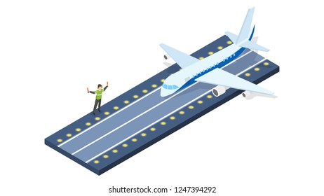 Plane take off from the airport. Runway for the airplane. Idea of departure. Isolated vector isometric illustration