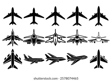 Plane take off flying silhouette shape graphic simple plain clipart symbol,Airplane icon takeoff logo black pictogram set vector or , airport airline jet circle sign, aeroplane thin line outline art
