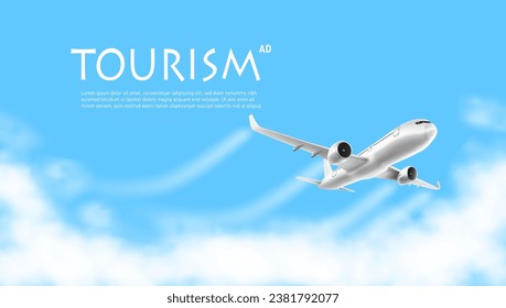 Plane Take Off On Blue Sky With Clouds Ad Tourism Template. EPS10 Vector