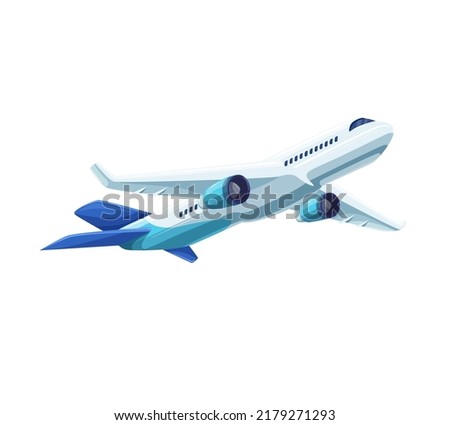 Plane take off vector illustration. Cartoon commercial jet with wings flying for cargo delivery, isolated aircraft taking off from airport to fly with passengers to summer holidays and vacation