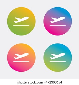 Plane takeoff icon. Airplane transport symbol. Gradient flat buttons with icon. Modern design. Vector