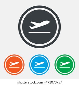 Plane takeoff icon. Airplane transport symbol. Graphic design web element. Flat takeoff symbol on the round button. Vector