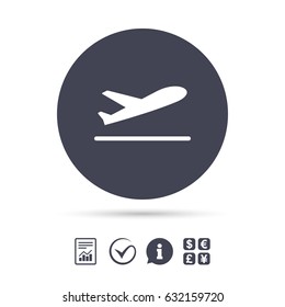 Plane takeoff icon. Airplane transport symbol. Report document, information and check tick icons. Currency exchange. Vector