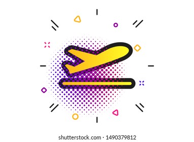 Plane takeoff icon. Halftone dots pattern. Airplane transport symbol. Classic flat takeoff icon. Vector